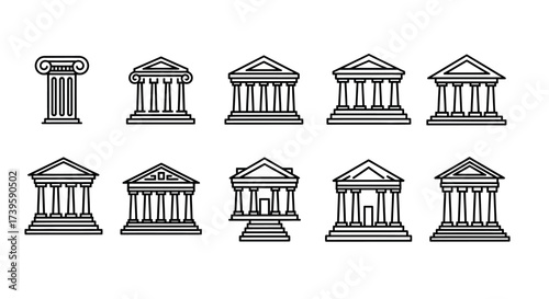Collection of hand drawn architectural facades classic buildings government institutions and museums line art vector