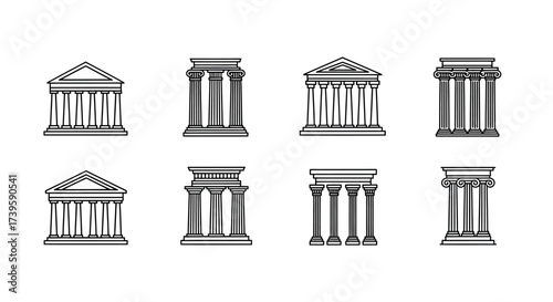 Collection of ancient greek roman temple facades architectural elements set line art vector