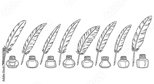 Collection of vintage quill pens and inkwells hand drawn sketch style for writing and artistic projects vector