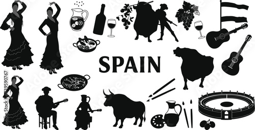 Spain culture silhouette illustration, flamenco dancer, bullfighter, guitar, wine, food, paella, festival, tradition, travel, heritage, music, art, flat vector