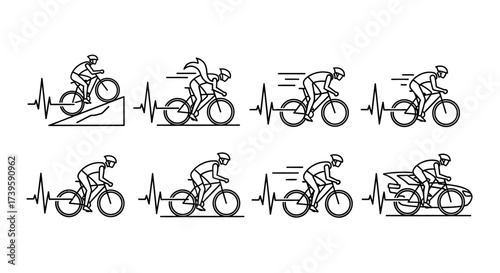 Cyclist heartbeat line art showing passion for cycling motion graphic vector