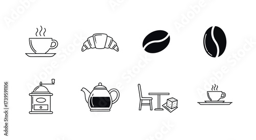 Hand drawn coffee shop icons set featuring espresso cup croissant coffee bean grinder teapot table vector