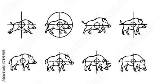 Wild boar target collection dynamic poses hunting aim silhouette set vector