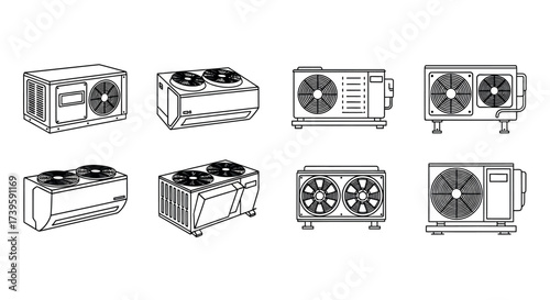 Collection of refrigeration condensing unit and fan drawings for industrial cooling systems vector