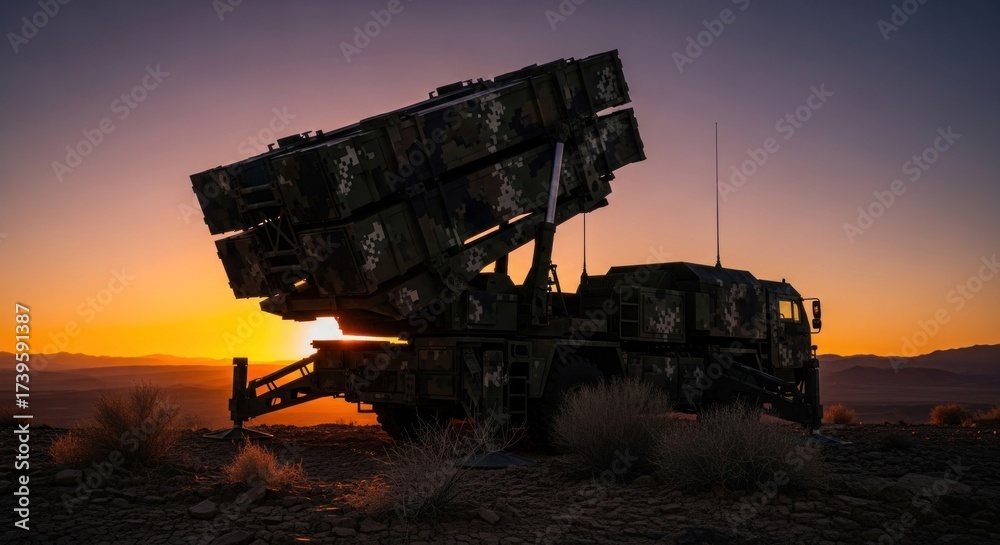 Fototapeta premium Camouflaged missile launcher silhouetted against a sunset sky