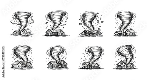 Collection of hand drawn tornadoes devastating houses during stormy weather and natural disaster scenes vector