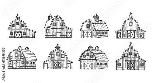 Collection of hand drawn barns and farm buildings sketch art elements for rustic design projects vector