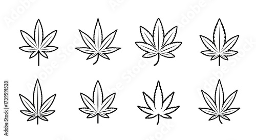 Collection of eight cannabis leaf outlines with subtle sketched texture for natural and organic design concepts vector