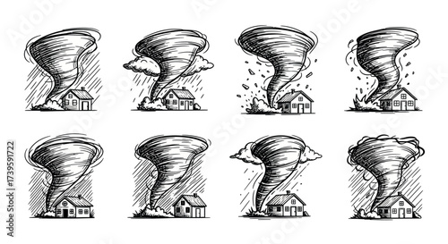Collection of stylized tornadoes over houses depicting storms and natural disasters power vector