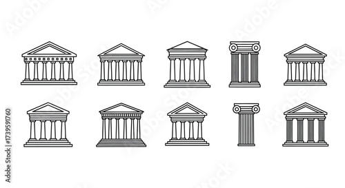 Collection of greek temple buildings architectural facades classical column designs simple line art vector