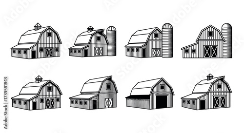 Collection of hand-drawn barn silo architecture farm buildings isolated on white vector