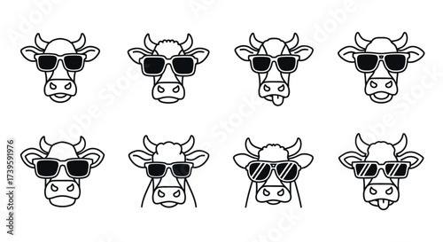Cool cartoon cow faces with sunglasses diverse styles on hand drawn vector