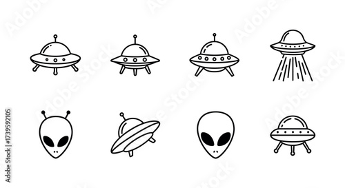 Collection of hand drawn flying saucers and alien heads illustrating space exploration and extraterrestrial encounters vector