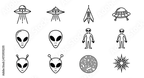 Collection of vintage style alien and ufo icons hand drawn style celestial space art vector