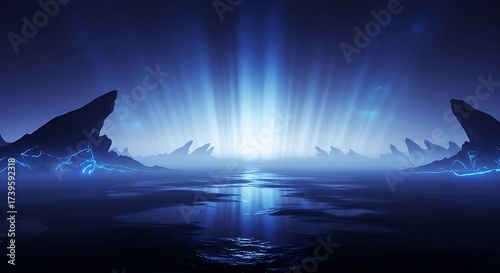 Mystical landscape with dramatic blue light and rocky formations digital art