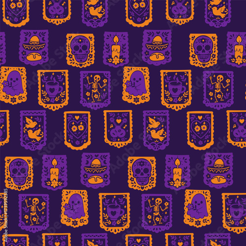 Seamless papel picado pattern in orange and purple for Dia de Muertos