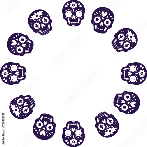 Wreath of purple sugar skull silhouettes in linocut style