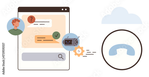 Chat window with messages, AI chatbot icon, user avatar, search bar, phone icon, and cloud symbol. Ideal for automation, customer service, AI technology communication troubleshooting simple flat