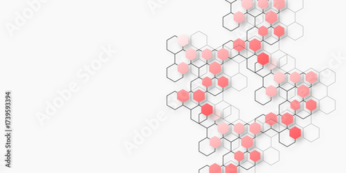 Modern scientific background featuring red and pink hexagons forming a molecular network on white. Medical, chemistry, biology, or technology-related digital and research visuals vector design.