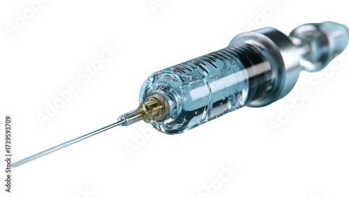 A close-up 3D render of a transparent medical syringe with a needle against a black background