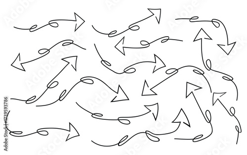 Hand drawn arrows with swirls pointing in different directions on white page