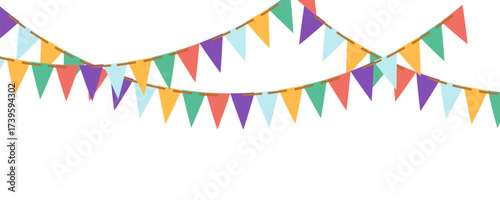 Triangle flag garland for birthday party banner. Fair string pennant bunting decoration to celebrate summer carnaval. Isolated 3d hanging triangular holiday paper border line. Welcome festival element