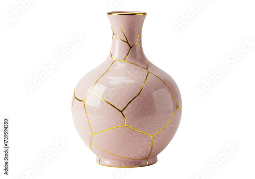Pink kintsugi vase isolated, Japanese art of repairing broken pottery with gold for home decor and mindfulness