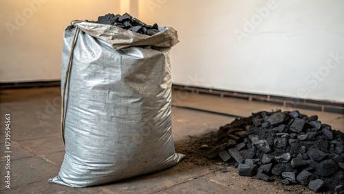Bag of charcoal with spilled pieces on the floor in a neutral environment