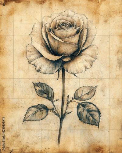 Vintage Rose Drawing on Grungy Paper Background rose drawing vintage paper sketch illustration bloom