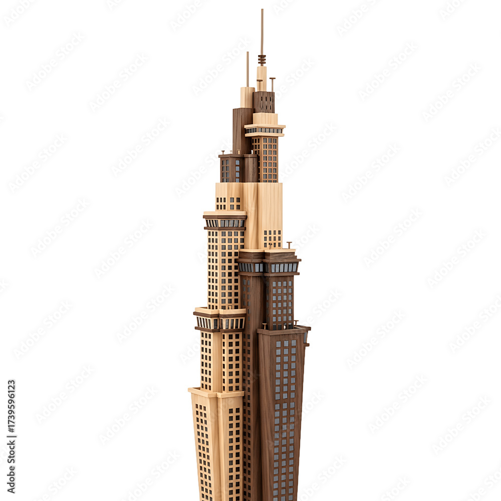 Naklejka premium Wooden skyscraper model against black backdrop varying shades detailed windows antenna