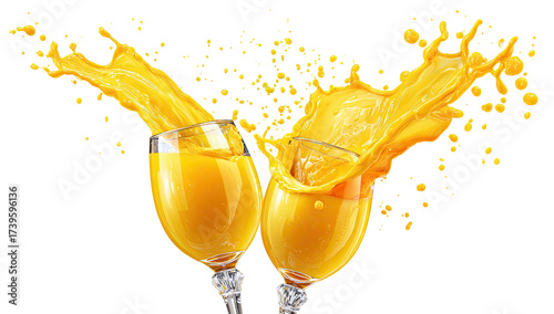 Two crystal glasses clink with a vibrant orange liquid splashing upwards against a black background