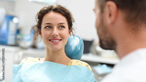 Smiling young woman sitting in dental chair, listening attentively to dentist explaining treatment options. Friendly and caring atmosphere.