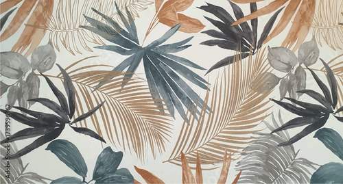 Texture of wallpaper or fabric with an ornament of palm leaves on a white background. Print with palm leaves ornament. Exotic background ornament. Interior design wallpaper. Fashion design.
