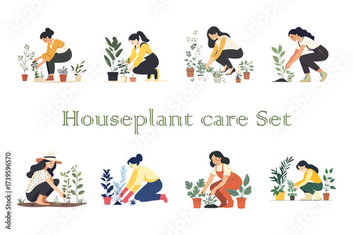 Set of woman caring for houseplants