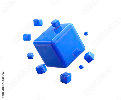 A vibrant blue 3D cube surrounded by smaller, fragmented cubes