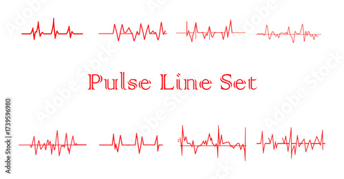 Set of eight red pulse line graphics
