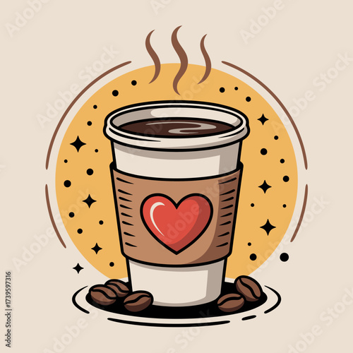 A steaming coffee cup adorned with a red heart symbolizes love and passion for coffee, capturing the essence of comfort and warmth in daily routines.