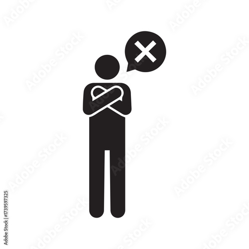 Stick Figure Rejection Icon, Person with Crossed Arms and X Symbol Showing Disapproval, Denial, and Refusal.
