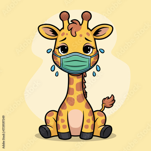 A cute, sad giraffe wearing a protective mask expresses concern with teardrops. Its large eyes reflect innocence, highlighting the challenges during tough times like a pandemic.