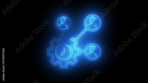 Wallpaper Mural Neon glowing gear with clock and connected people icons symbolizing teamwork efficiency time management and business process automation on dark background Torontodigital.ca