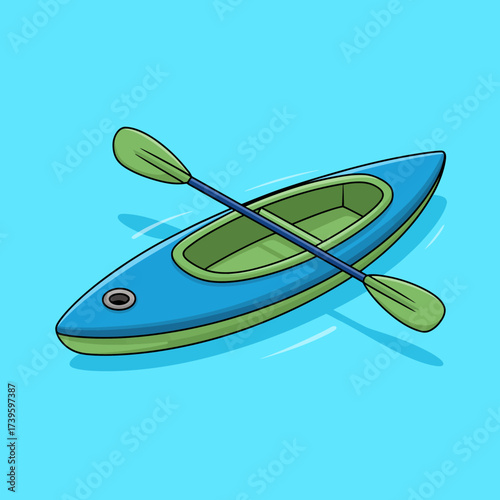 An isolated blue kayak with green paddles floats serenely on calm turquoise waters, illustrating tranquility and the spirit of adventure in a serene outdoor environment.