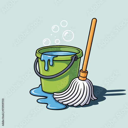 A cheerful graphic of a green bucket filled with water and a mop, representing cleanliness and home care, ideal for cleaning service promotions or household tips.