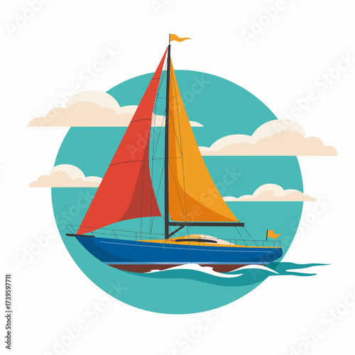 A colorful sailing boat with bright sails glides across calm waters, encapsulating the essence of freedom, adventure, and leisure on a clear day in a picturesque marine environment.