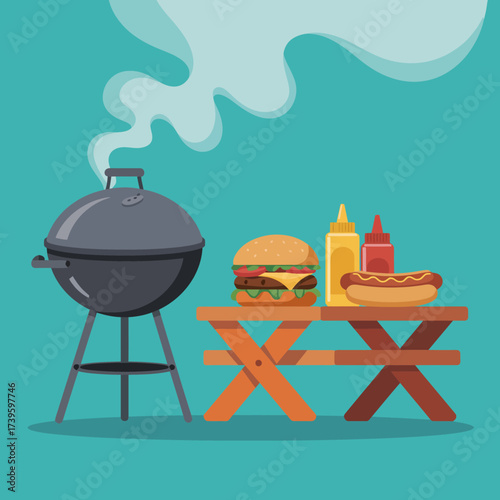 A vibrant illustration of a grill alongside a burger and hot dog showcases the joy of outdoor cooking and barbecues during sunny days with friends and family.