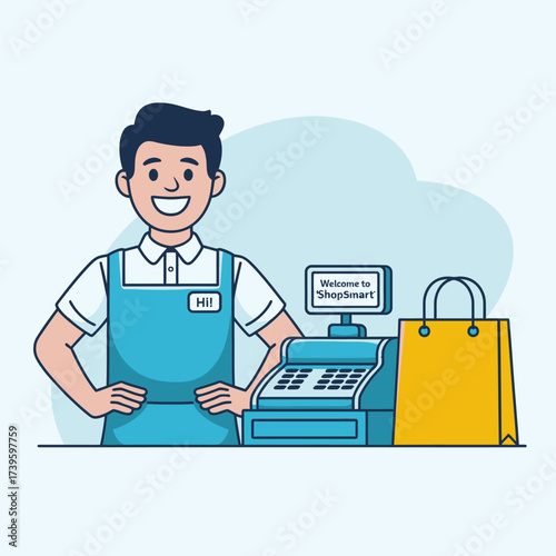 This image captures a friendly shopkeeper with a cash register and shopping bag, offering a welcoming ambiance for retail environments aiming to express customer friendliness.