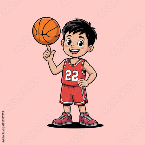 A joyful young boy in red sports attire successfully spins a basketball on his finger, showcasing his talent and enthusiasm for sports, embodying the spirit of youth and play.