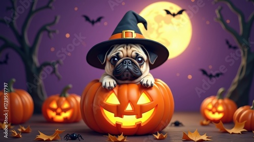 Adorable pug puppy in witch hat sits inside glowing jack-o’-lantern. Surrounded by pumpkins, bats, and full moon, Halloween concept