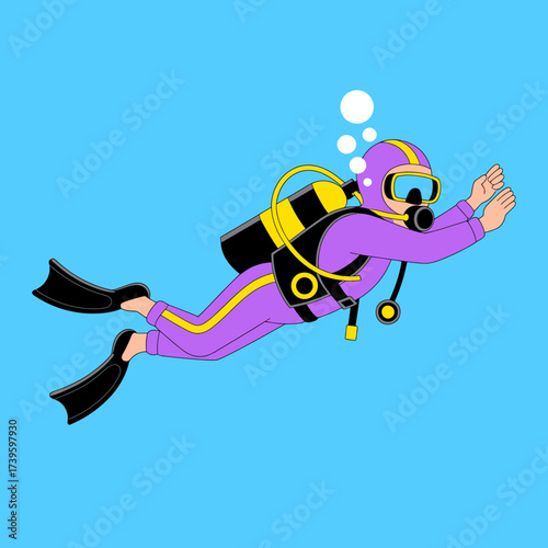 This vibrant illustration showcases a diver in a colorful wetsuit, swimming effortlessly underwater, encapsulating the spirit of adventure and exploration in marine life.