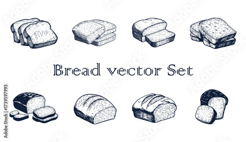 Handdrawn sketch of various bread slices and loaves, , ideal for bakery or foodrelated designs