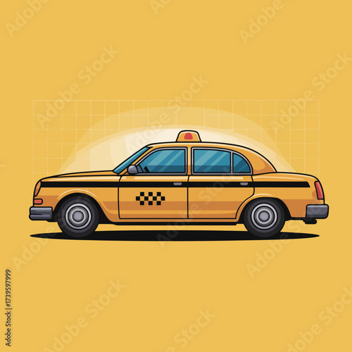 The image depicts a classic yellow taxi cab against a bright yellow background, symbolizing urban transportation, city life, and the hustle and bustle of metropolitan areas.